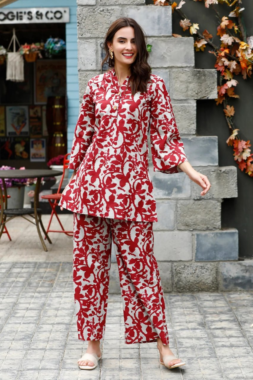 Divine Floral Red muslin Co-ord set